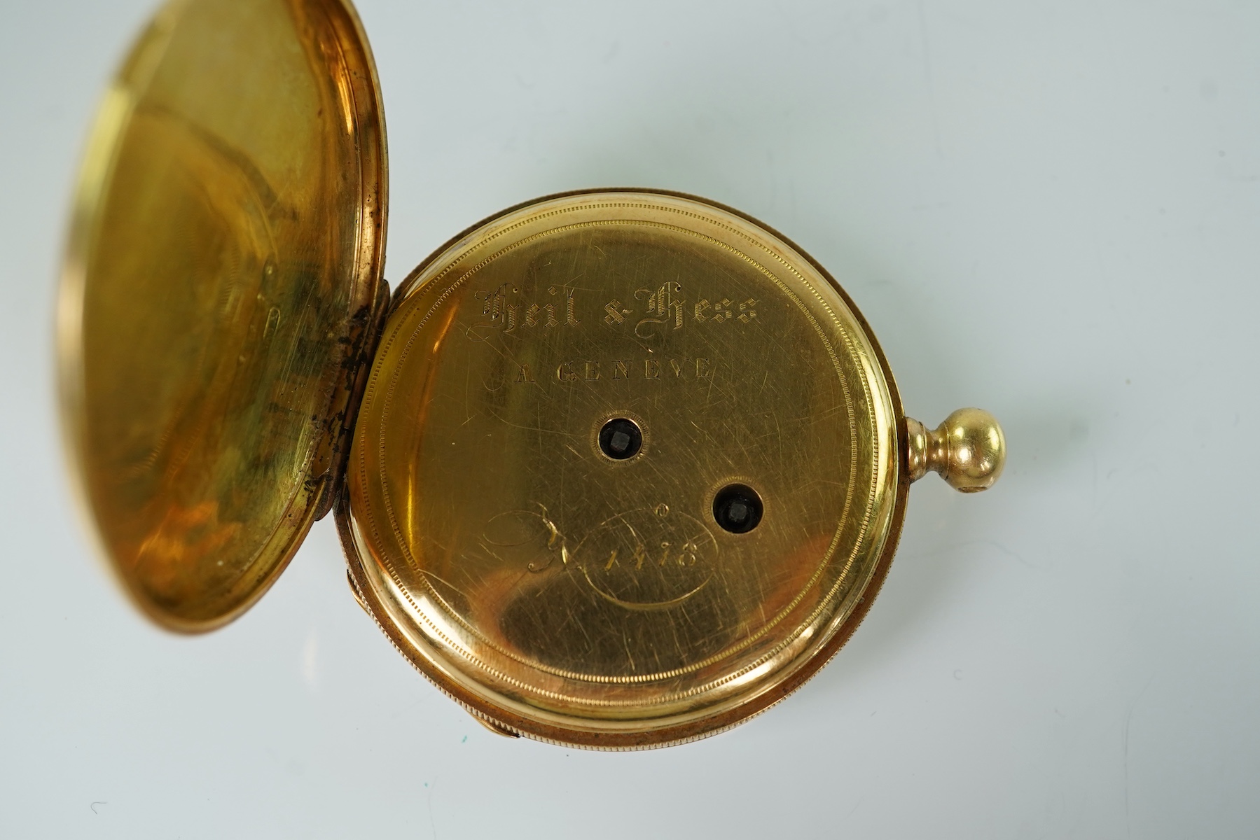 A 19th century Swiss Geil & Hess engine turned 18k open faced lever pocket watch